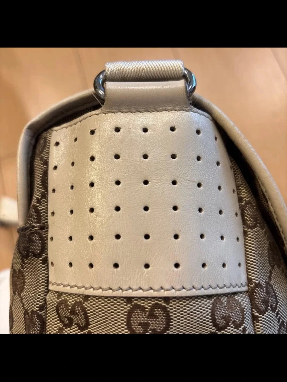 Gucci Beige Monogram Messenger Bag with White Trim